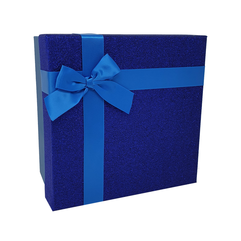 Blue Square Sparkly Glitter Rigid Stacking Gift Boxes with Bow & Ribbon