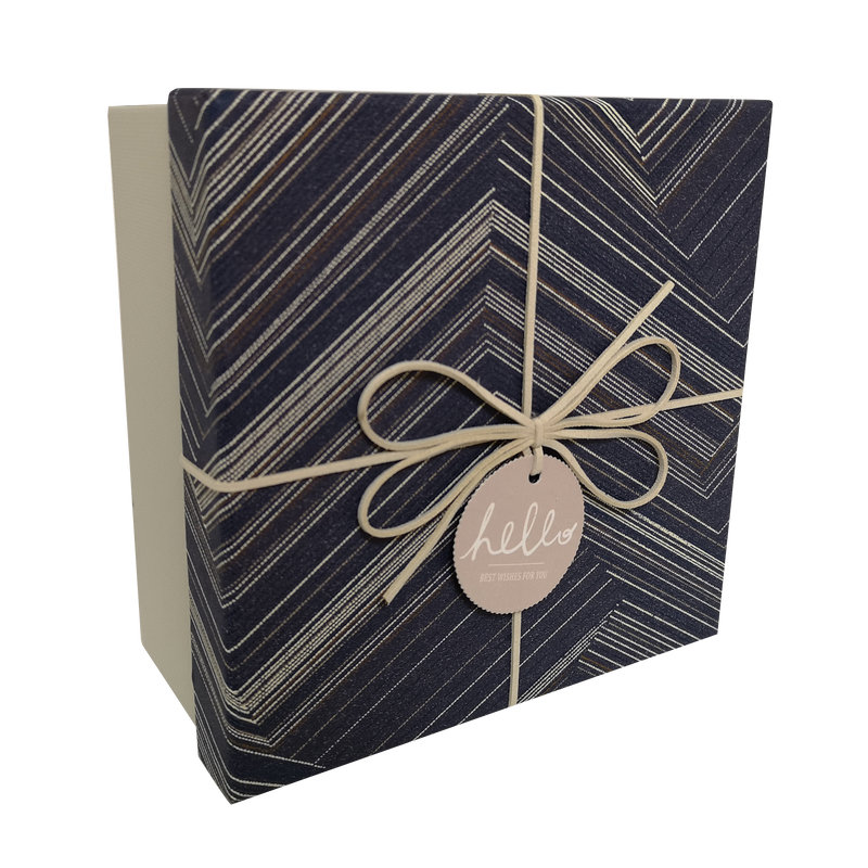 Square Rigid Striped Geormetric Gift Box with Ribbon & Tag