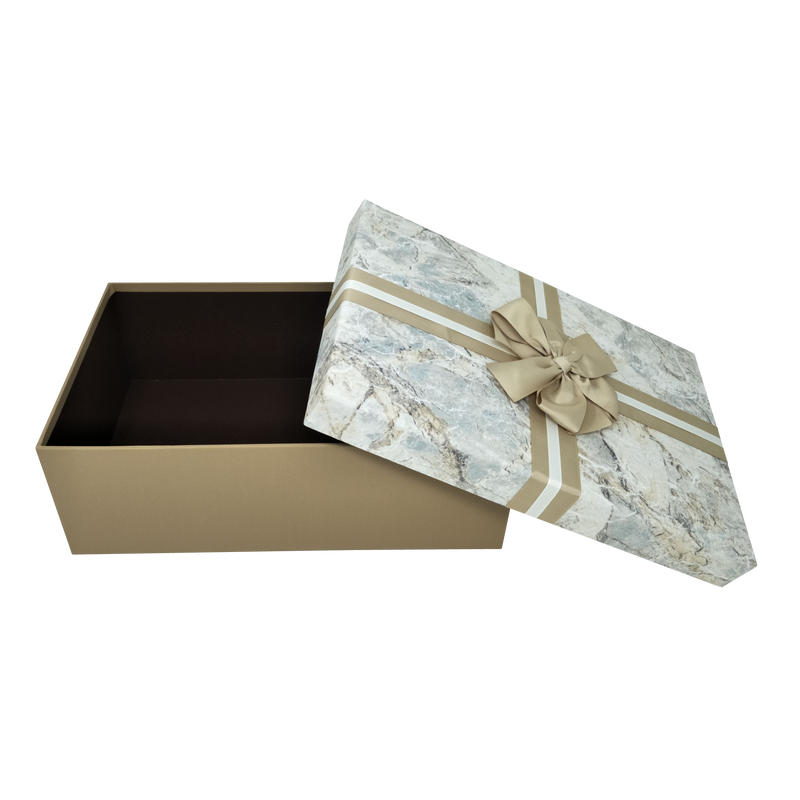 Luxury Extra Large Rectangular Rigid Marble Print Gift Box With Gold Ribbon & Bow